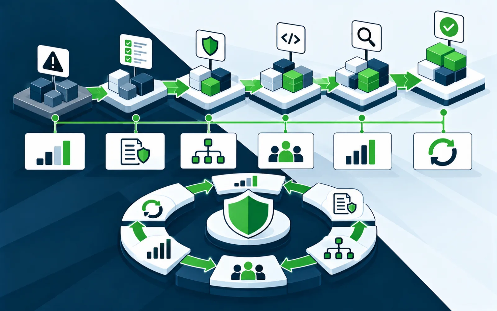 Applications moving in stages from identified risk to secured, approved releases, linked to measures, policy, structure and teams, above a continuous improvement cycle around a central security shield