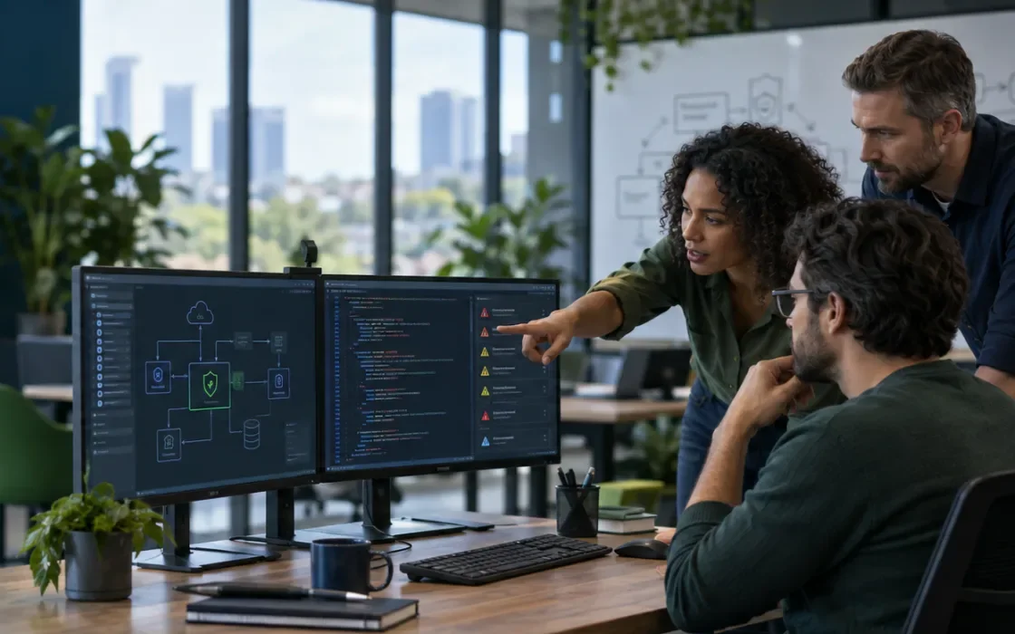 Application security team reviewing secure software design