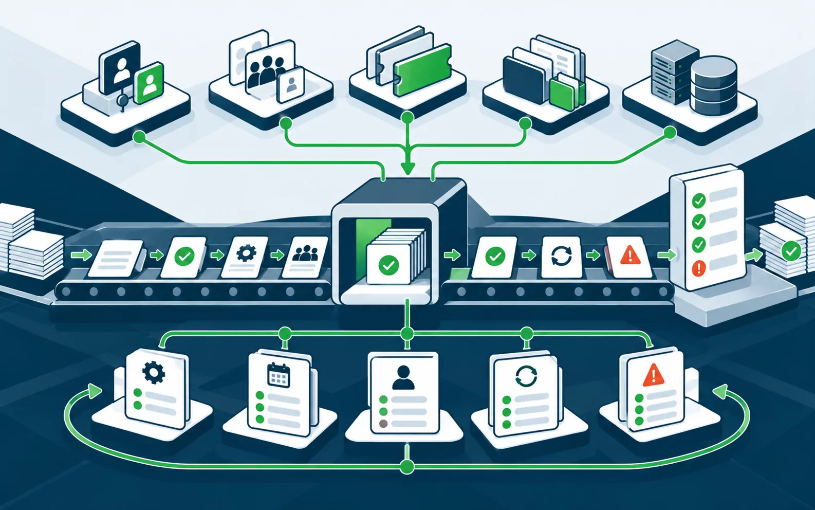 Evidence collected from operating controls and checked through a review pipeline
