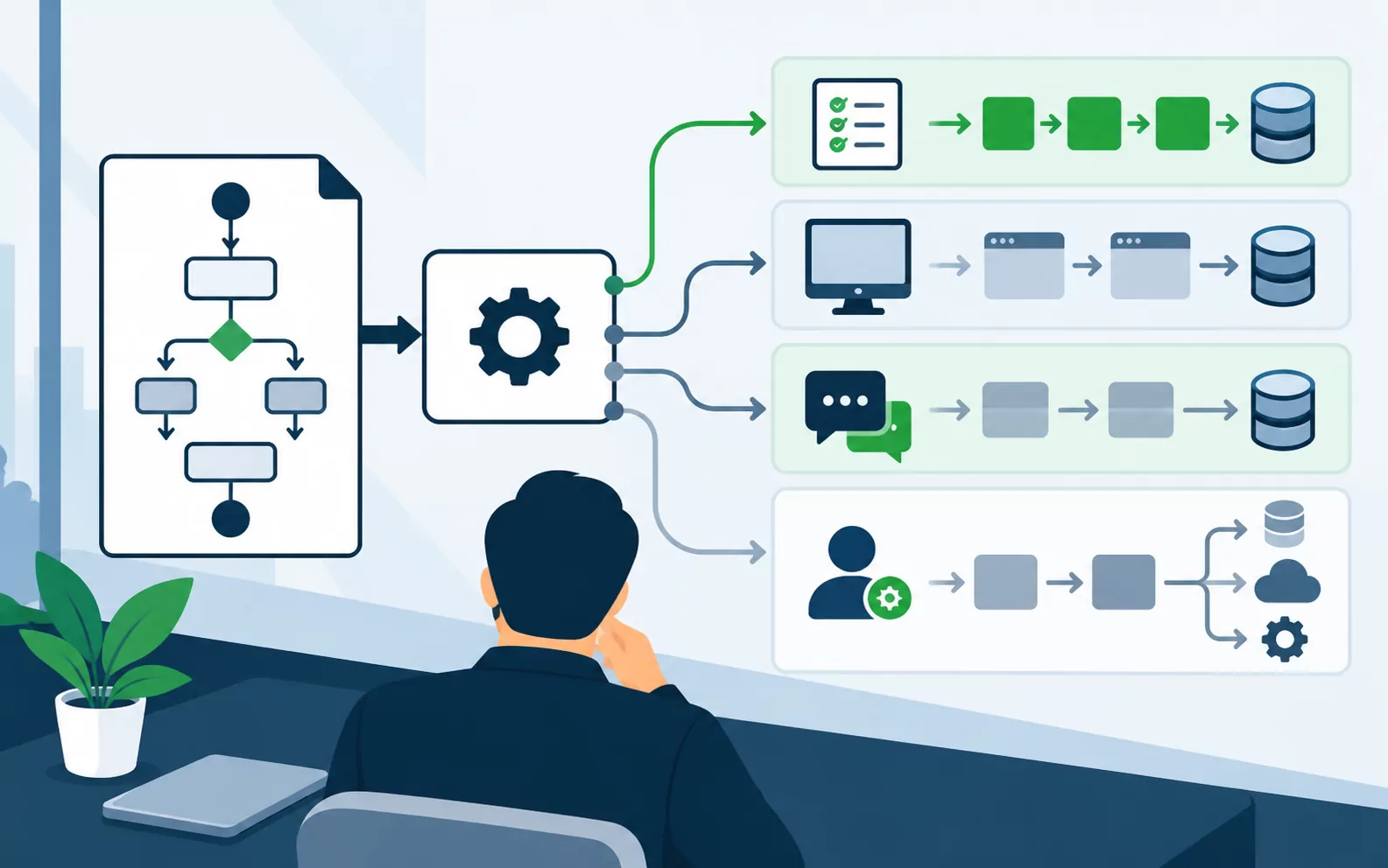 A process map routed to the right automation method: rules, integration, conversational AI or an agent