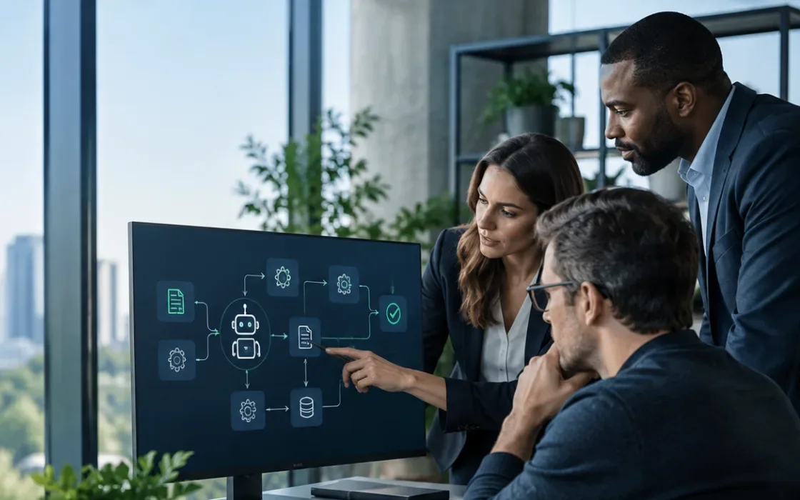 Business and technology team reviewing intelligent automation workflow
