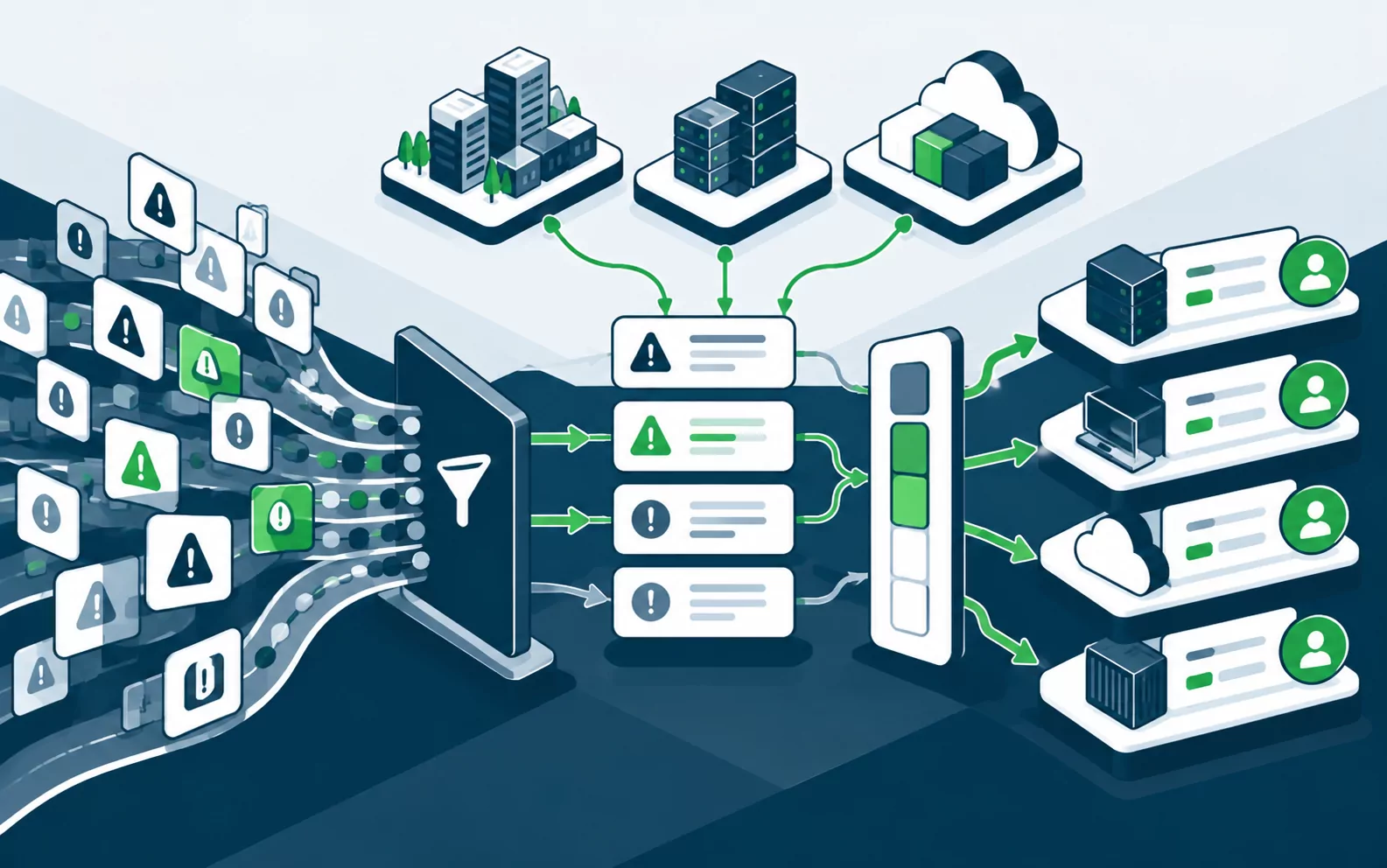 Large alert volume filtered and prioritized into assigned, actionable cases