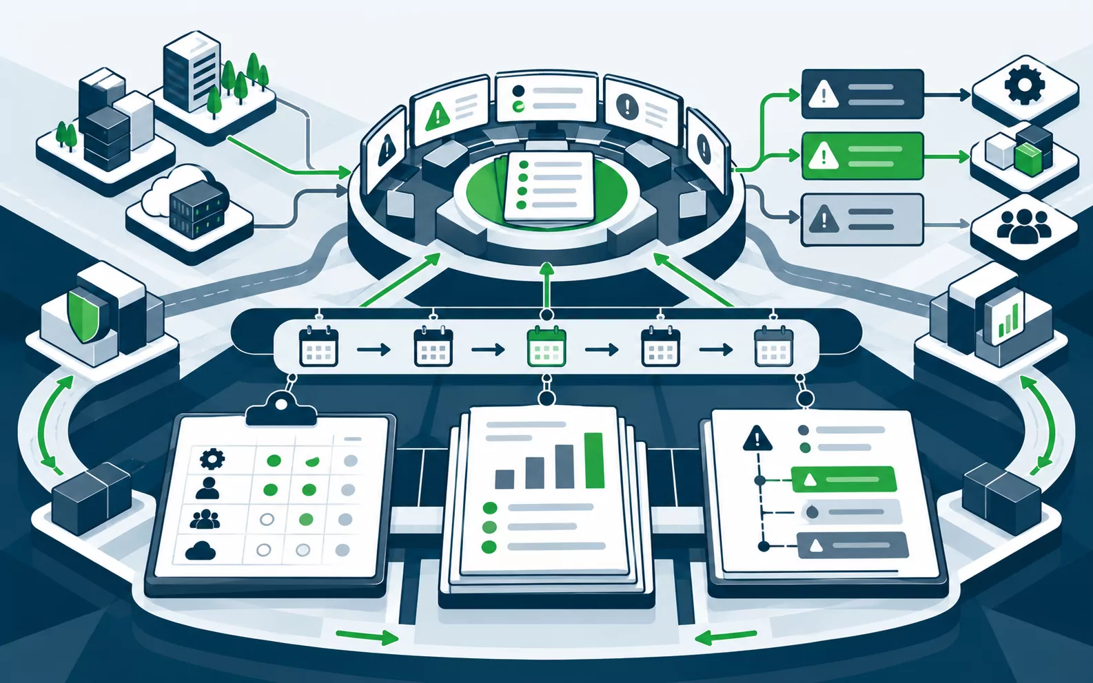 Operations centre with a recurring review cadence, ownership matrix and tracked actions