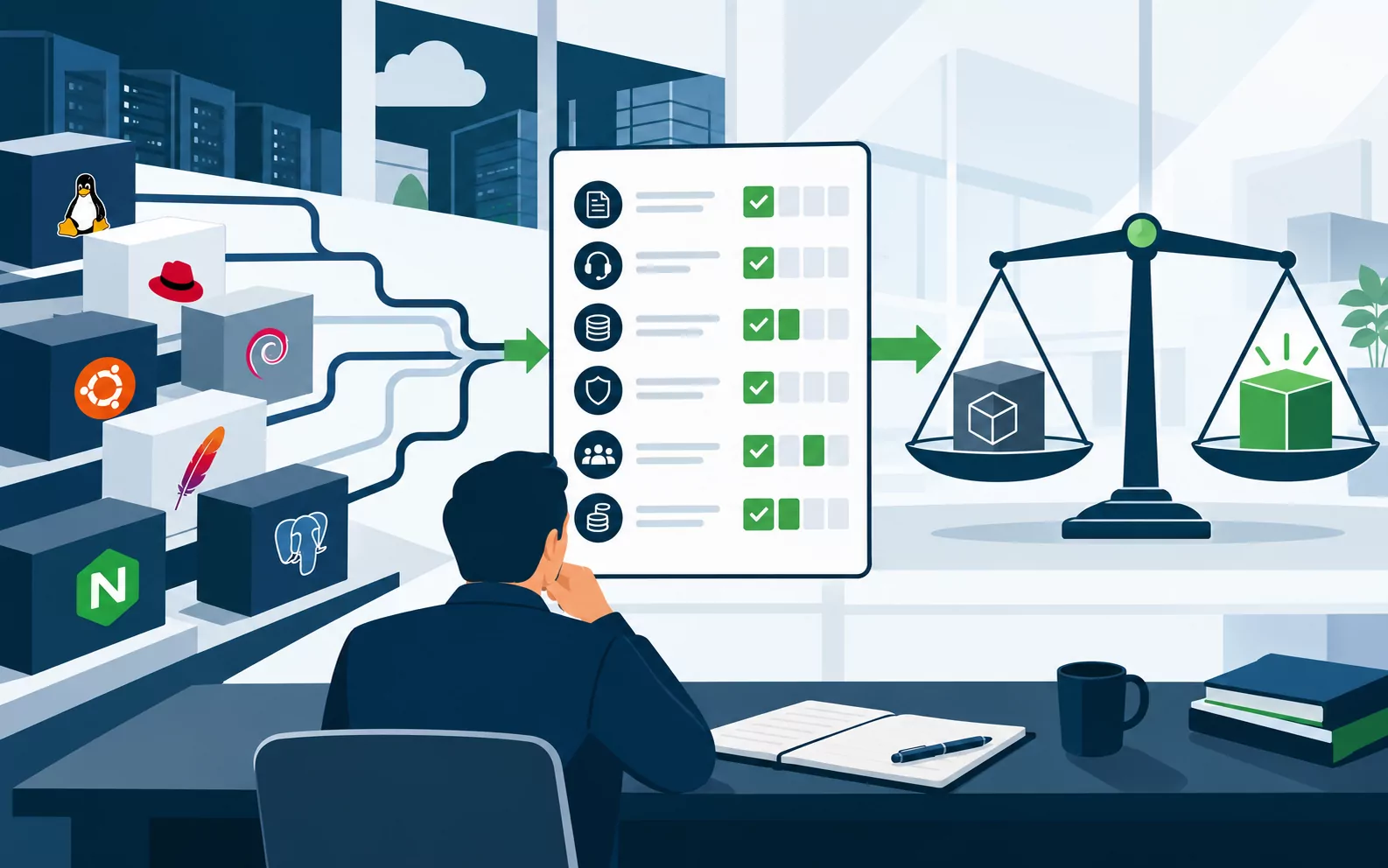 Analyst weighing open-source options against requirements before selection