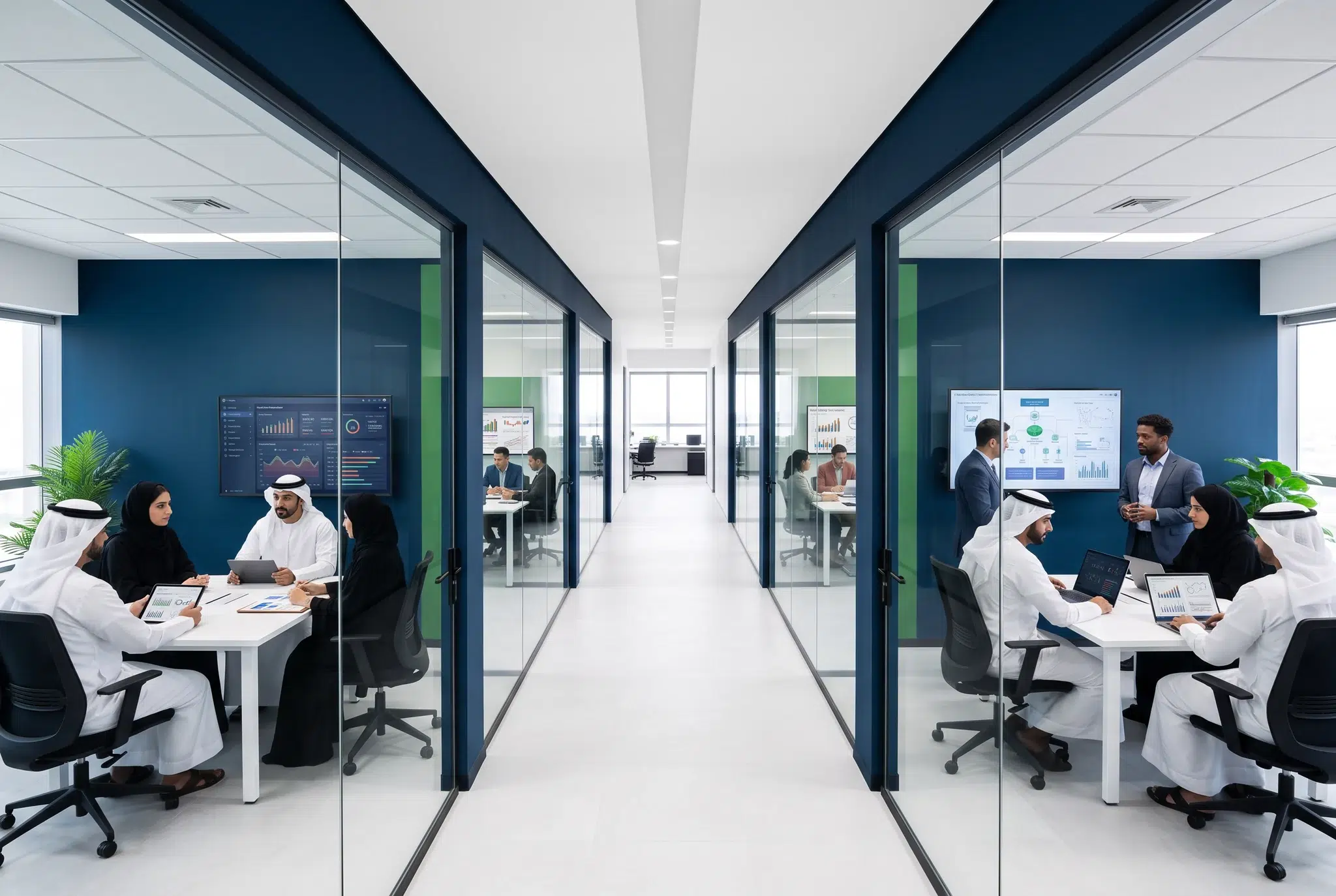 Gulf and international teams working on different industry engagements in glass-walled meeting rooms along a bright office corridor