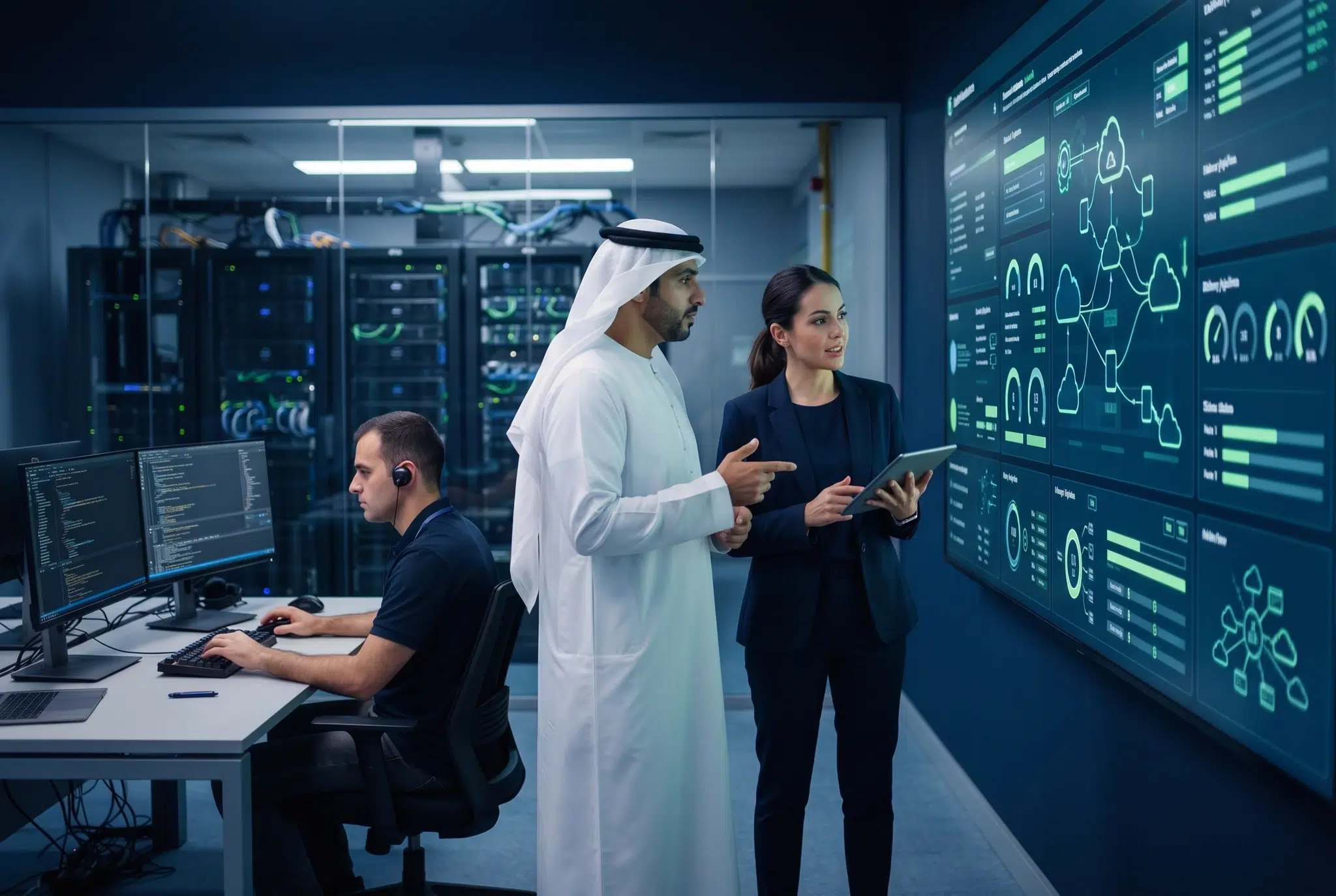 Engineers reviewing cloud and delivery dashboards in an operations room