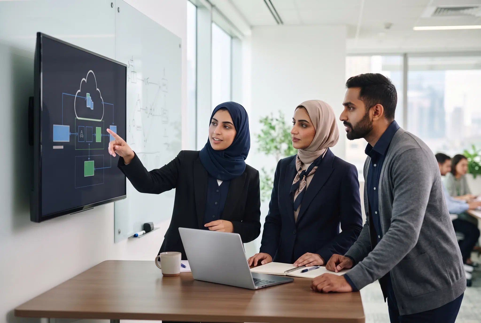 Opexor engineers reviewing a cloud architecture diagram together