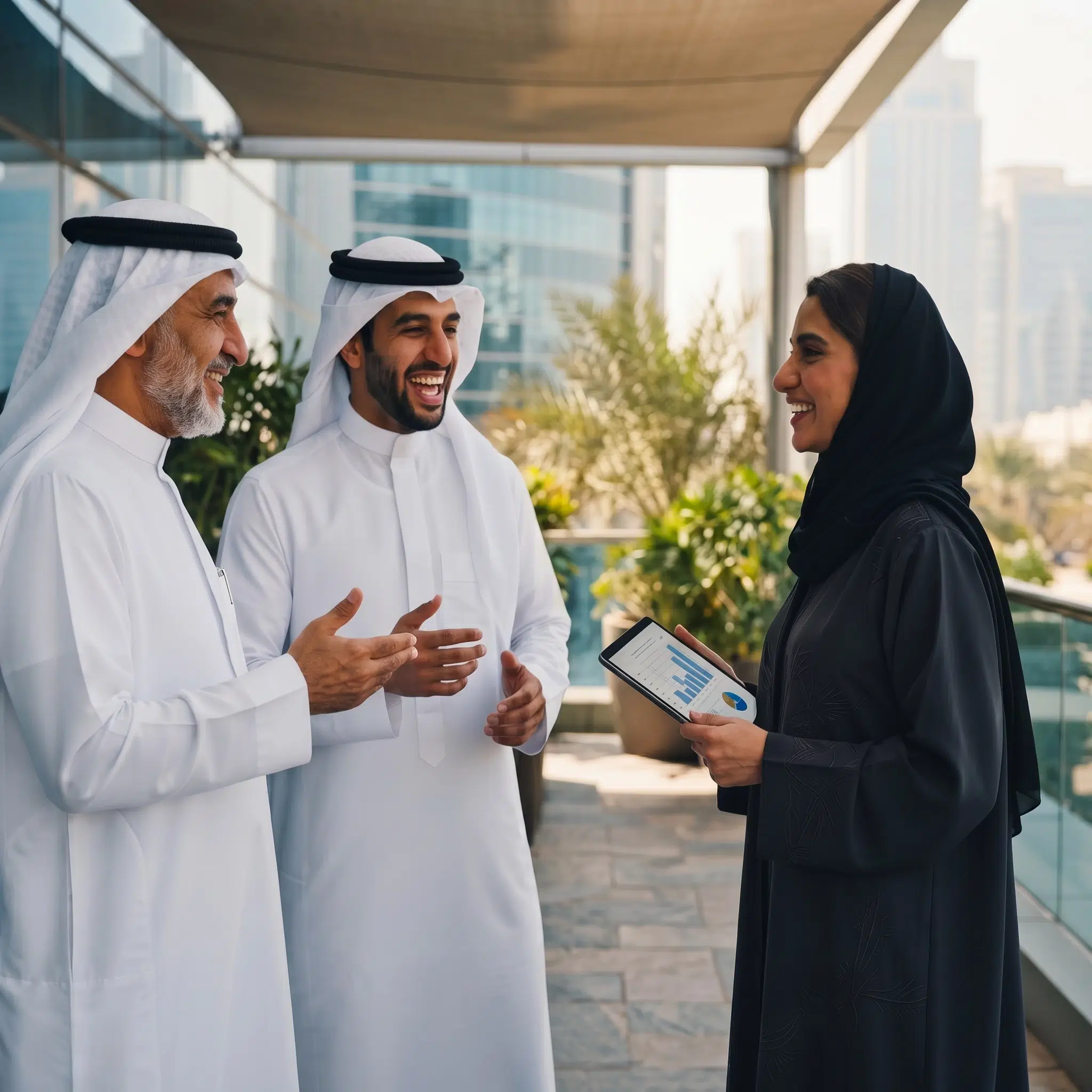 Opexor leaders in conversation on an office terrace in the Gulf