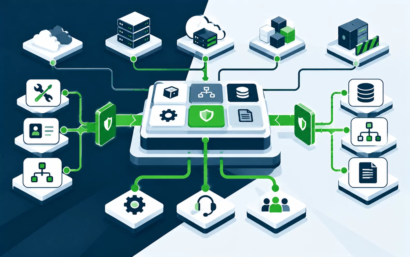 Internal platform connected to cloud, on-premises and hybrid environments through security controls