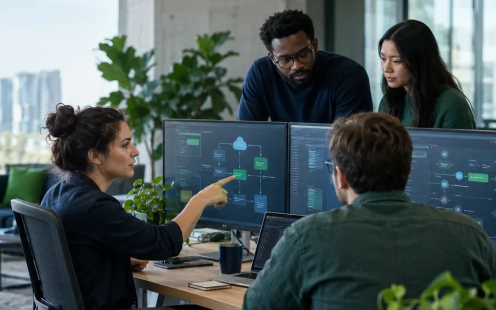 Platform engineering team reviewing internal developer platform services
