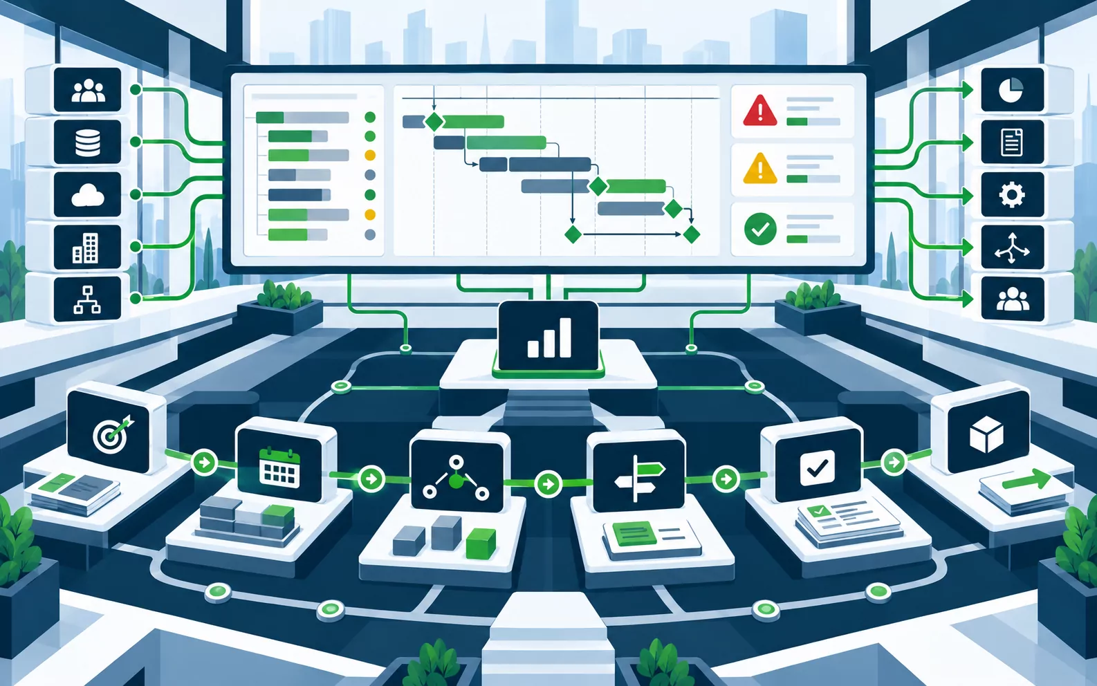 Program control room with one integrated plan, milestones, risks and status