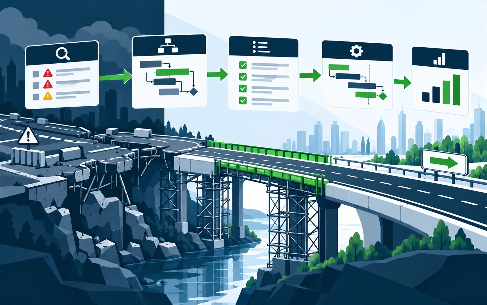 Broken program path rebuilt step by step from assessment to a stabilized plan