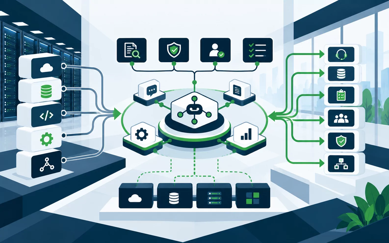 Central AI orchestration hub connecting enterprise systems, data and approval steps to service workflows