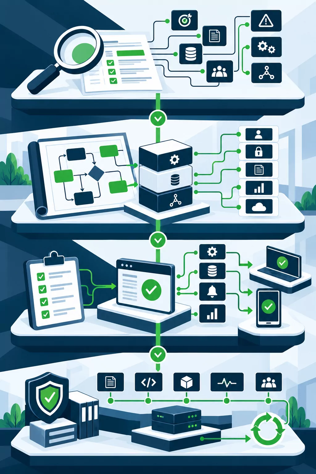 Four-stage implementation flow from discovery and design to build, release and continuous improvement