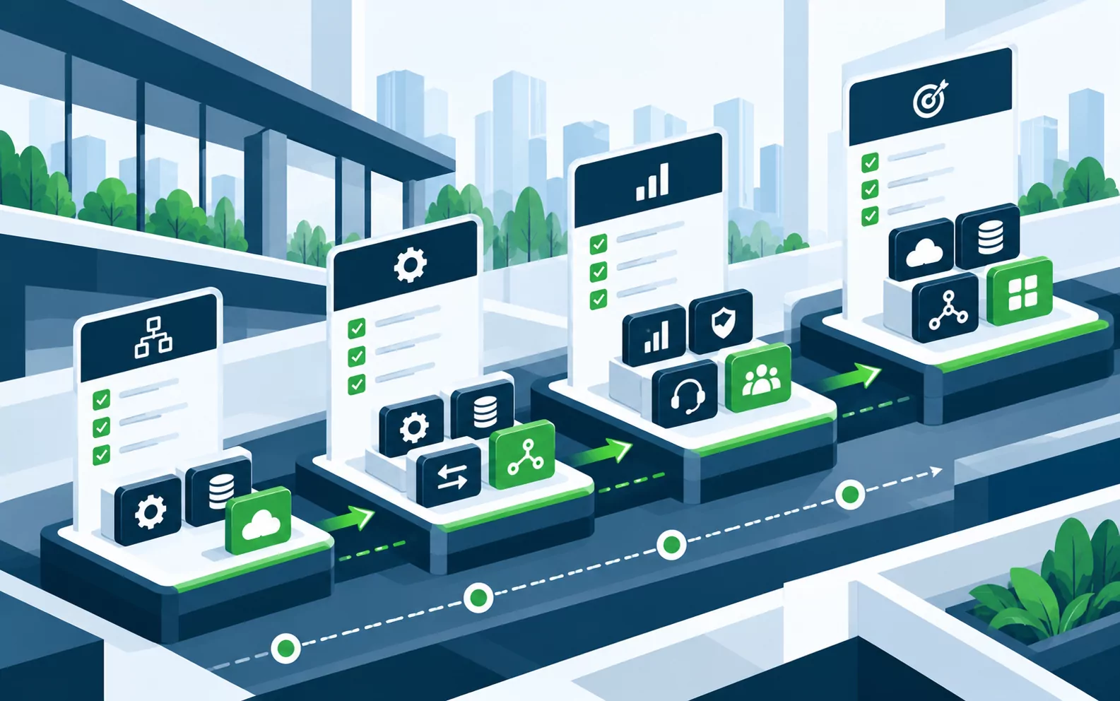 Staged roadmap of platform releases, each phase adding capabilities along a delivery path