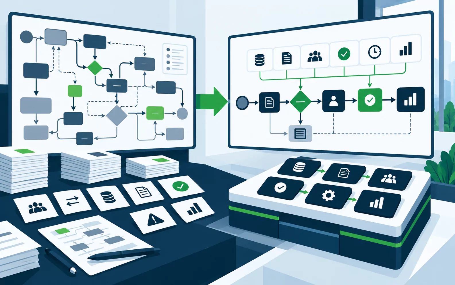 A tangled process map redesigned into a streamlined workflow before platform configuration