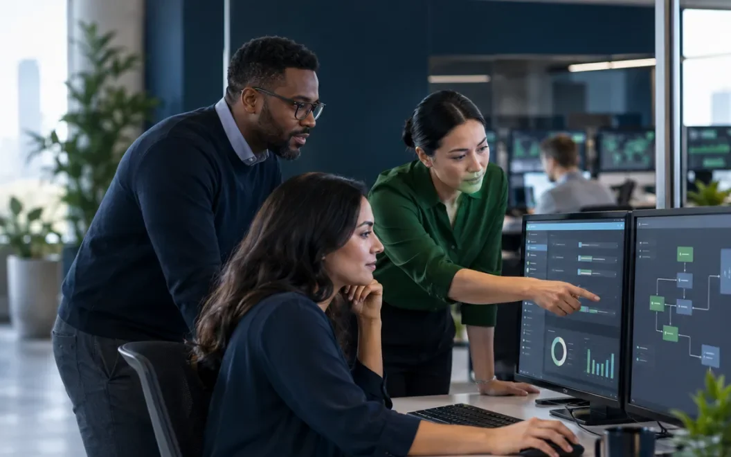 Service management team reviewing enterprise workflow improvement