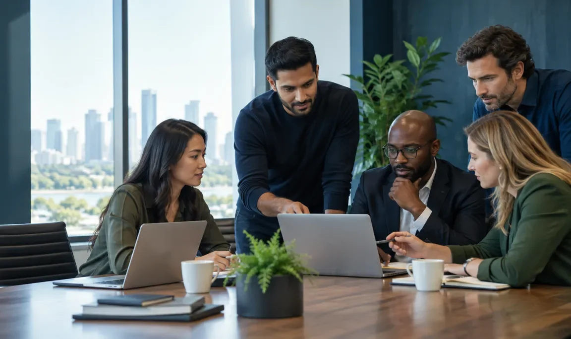 Technology specialists collaborating with a client delivery team